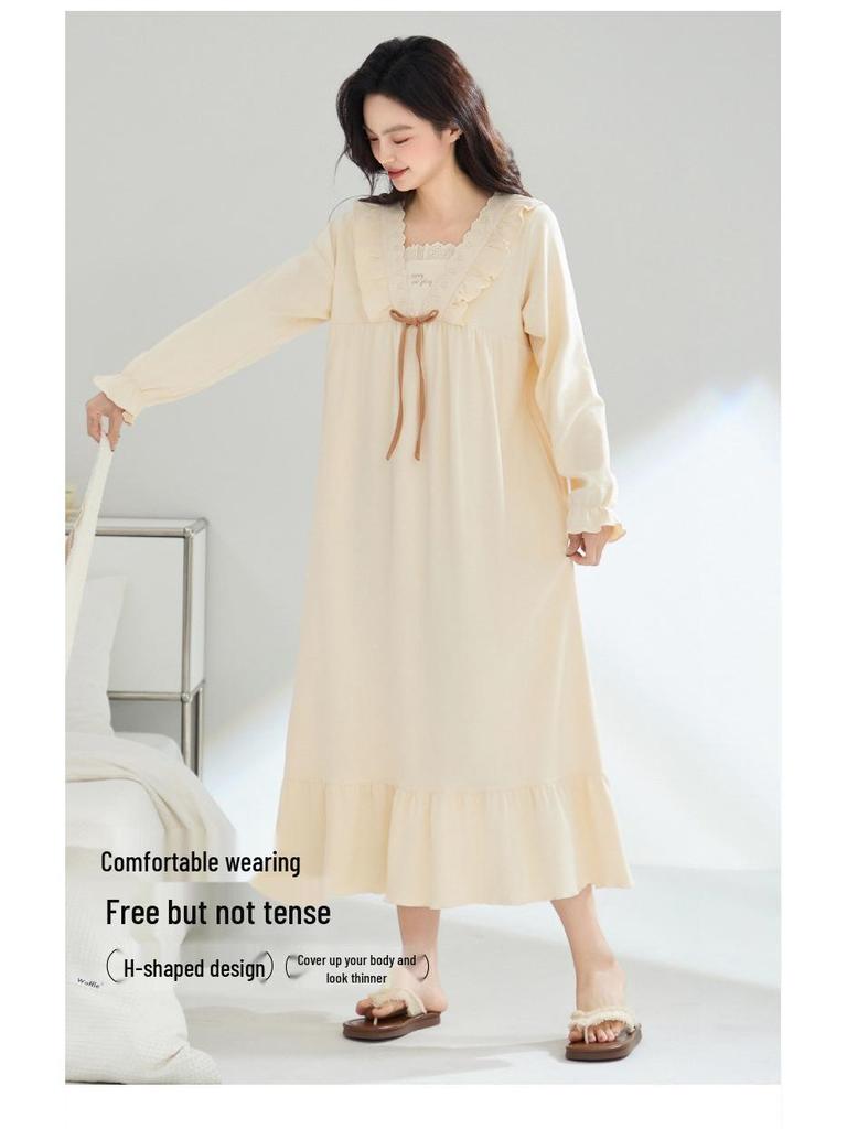 Nattlinne för gravida i koreansk stil för kvinnor, 100% ren bomull, antibakteriellt, långärmat - Lös passform för höst/vinter/vår