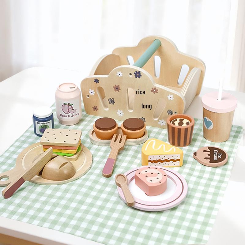 Wooden Picnic Basket Afternoon Tea Dessert Cutting Toy Set
