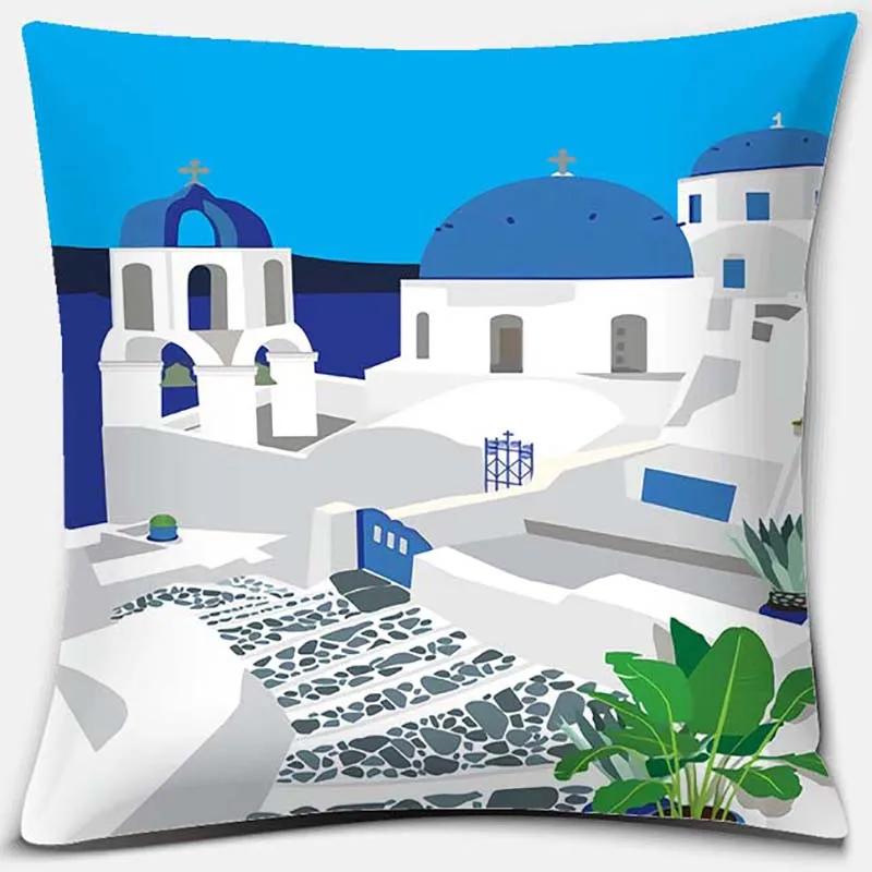 45x45cm Nordic Blue and White Castle Scenery Pillowcase Comfortable Sofa Seat Cushion Cover Hotel Home Decor Embrace Pillowcase