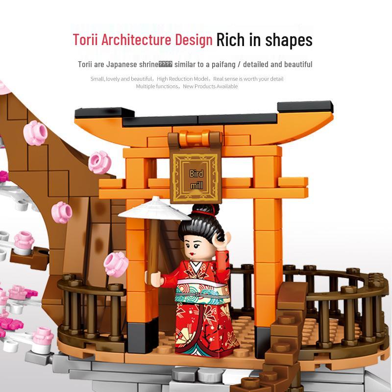 ShengBao Cherry Blossom Tree Street Scene Building Blocks Set with 6 Minifigures