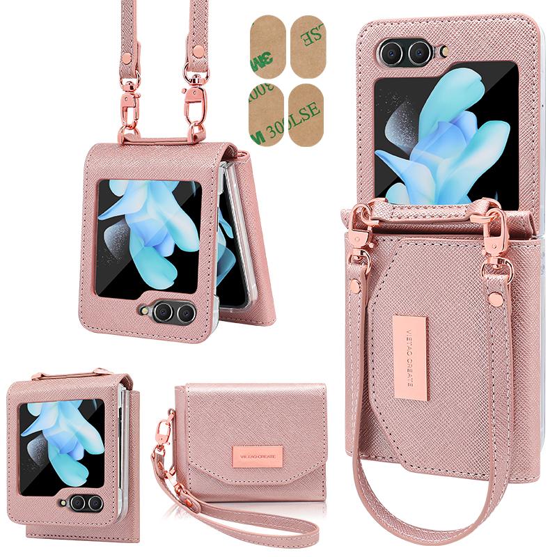 Vietao-Z Flip 7 Wallet Phone Case With Wristband Strap, Fashion Girls Leather Purse Phone Cover For Samsung Z Flip 6 5 4 3, Pink