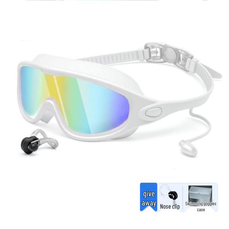 Large Frame Plated Waterproof Anti-Fog Swimming Goggles with One-Piece Earplugs for Men and Women