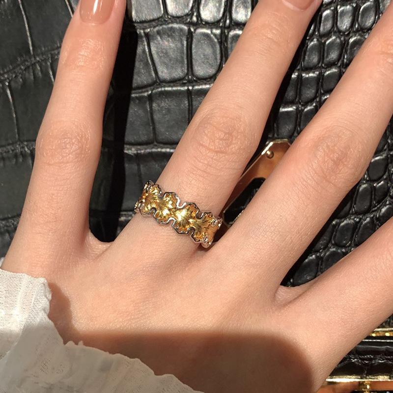 Shiny new in brushed ginkgo leaf Female Ring couple style sparkling flowing light rings for women charming fine  gift