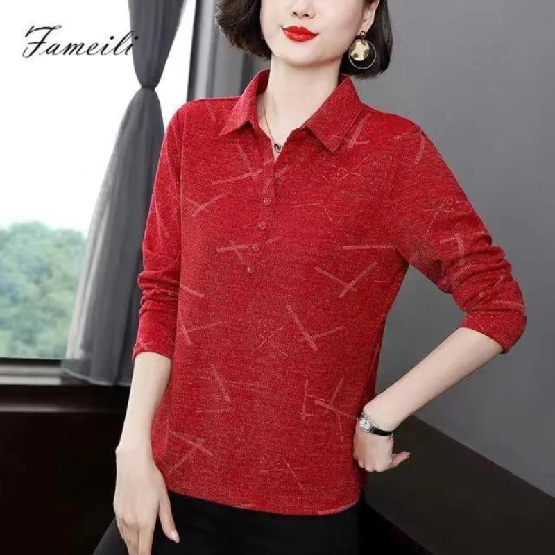Women's New Stitched POLO Collar Button Fashion Solid Color Versatile Casual Long Sleeve Top