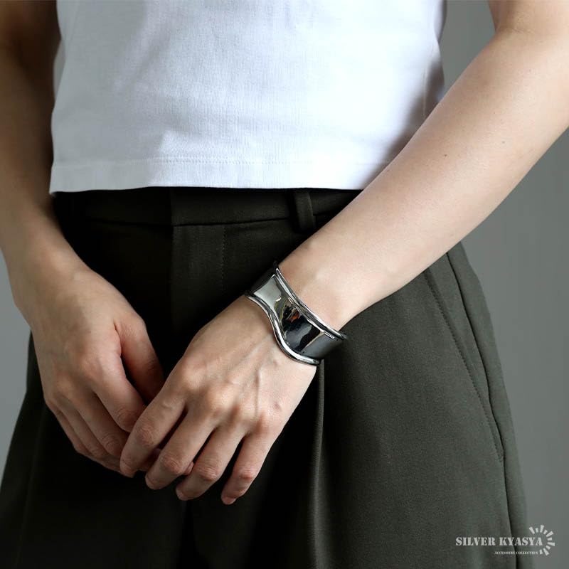 Wide Bangle Bracelet for Gold or 18K GP Simple Bone Cuff Women, Silver, Mirror-Finished, Gold, (Silver)
