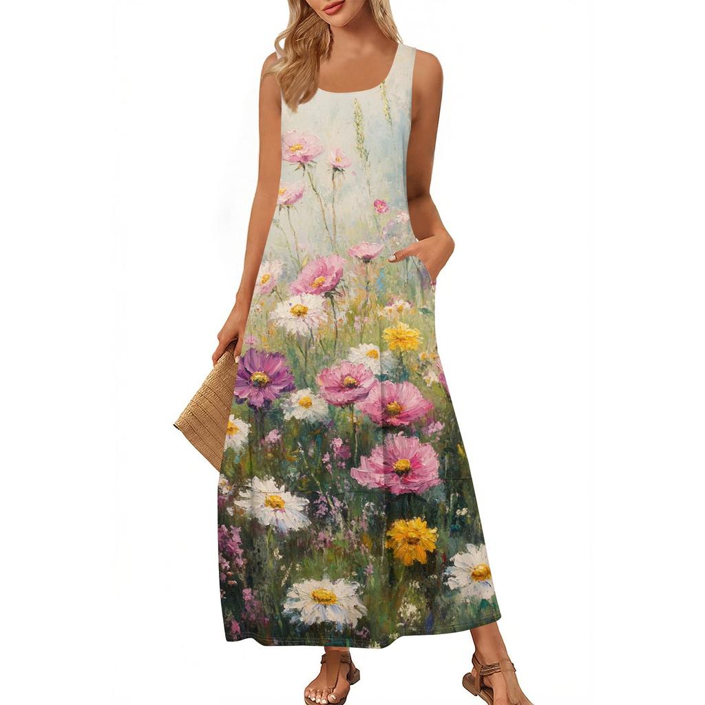 Women's Casual Floor-length Sundress Summer Beach Dress Round Neck Sleeveless Loose  Print Sundress