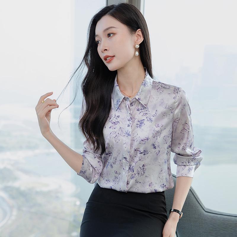 

2025 Spring Elegant Silk Long Sleeve Shirt with Print and Turn-Down Collar Medium