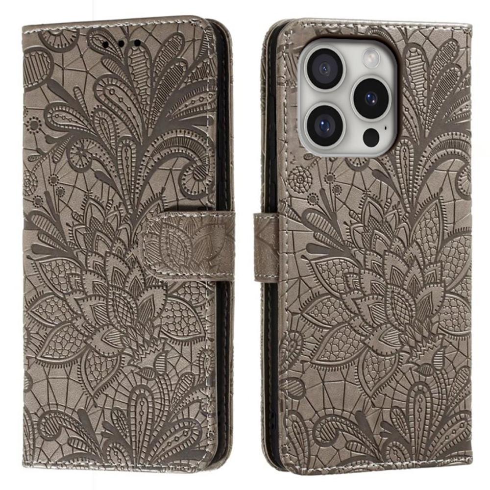 

For iPhone 16 Pro Max Case Lace Flowers PU Leather Flip Wallet Phone Cover Grey