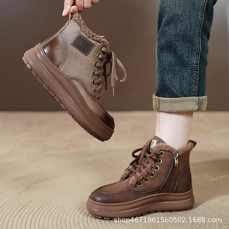 Winter Velvet Cotton Shoes Leather Thick-soled Fashion Thickened Boots Retro Snow Boots Outer Short Boots
