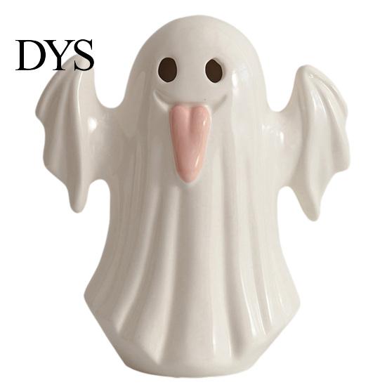 Halloween Autumn Home Accents Light Up Ceramic Ghost Figurines for Decor, Cute White Statue Vase Decor with Pink Tongue, LED Night Table Office