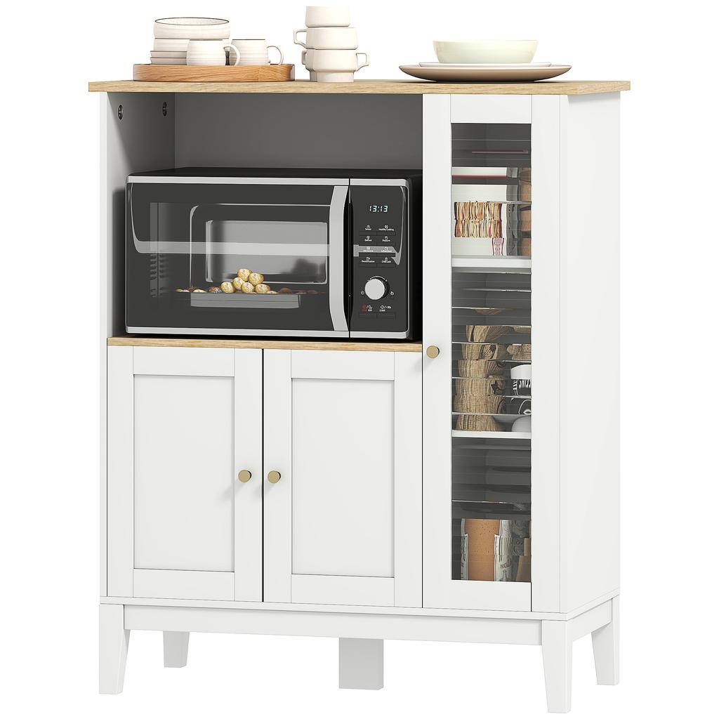 Kitchen microwave cabinet with 1 compartment, 3 cable pass-through doors, 80 x 35 x 97 cm, white and wood-like