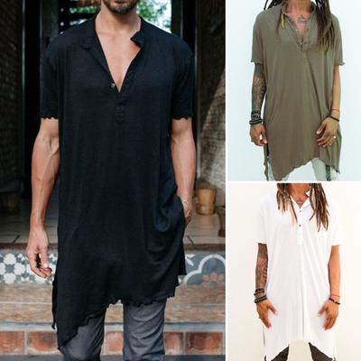 Men Summer Top V Neck Short Sleeves Irregular Edge Mid Length T-shirt