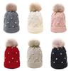 Cute with Diamond Knitted Hat Thick Flannel Warm Large Woolen Ball Cold Hat Folded Edge Solid Color Women's Hat Winter