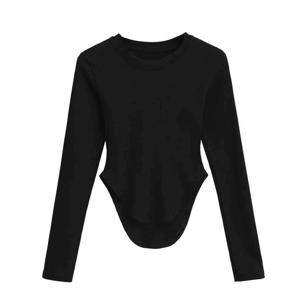 Women's Pilates Crew Neck Long Sleeve Yoga Top - Curved Hem, Spring/Summer Style