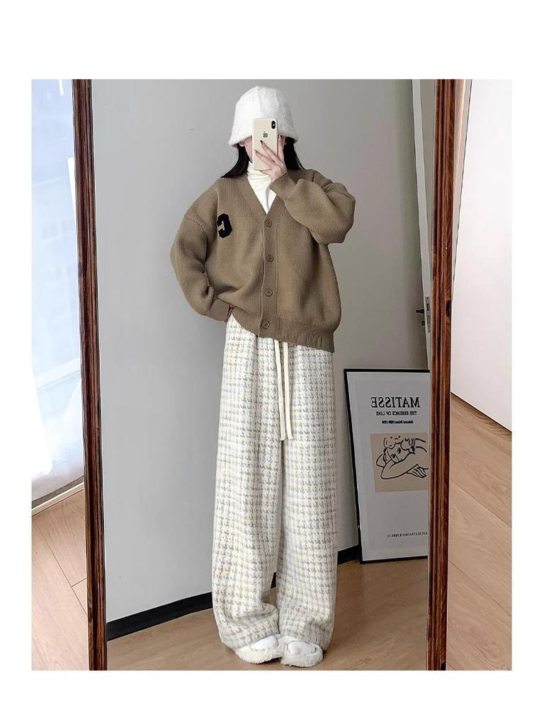 Women's High-Waist Plaid Houndstooth Velvet Pants - Coffee Blue, Wide-Leg, Wool Blend, Petite, for Autumn/Winter