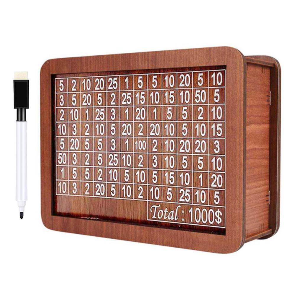 

Деревянная копилка со счетчиком Многоразовая копилка Копилка со стираемой ручкой Ретро Копилка Дисплей Портативная коробка для экономии денег 1000 Doller With Pen