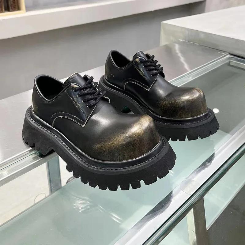 Men's and Women's Same Big-headed British Style Platform-soled Lace-up Small Round Head Thick Heel Leather Loafers Derby Shoes