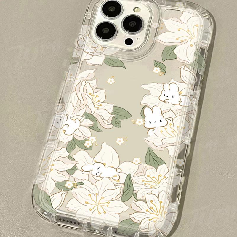 Cute Rabbit Colorful Flower Case for iPhone 17 16 15 14 13 12 11 Pro Max XR XS X 8 7  Shockproof Transparent Cover