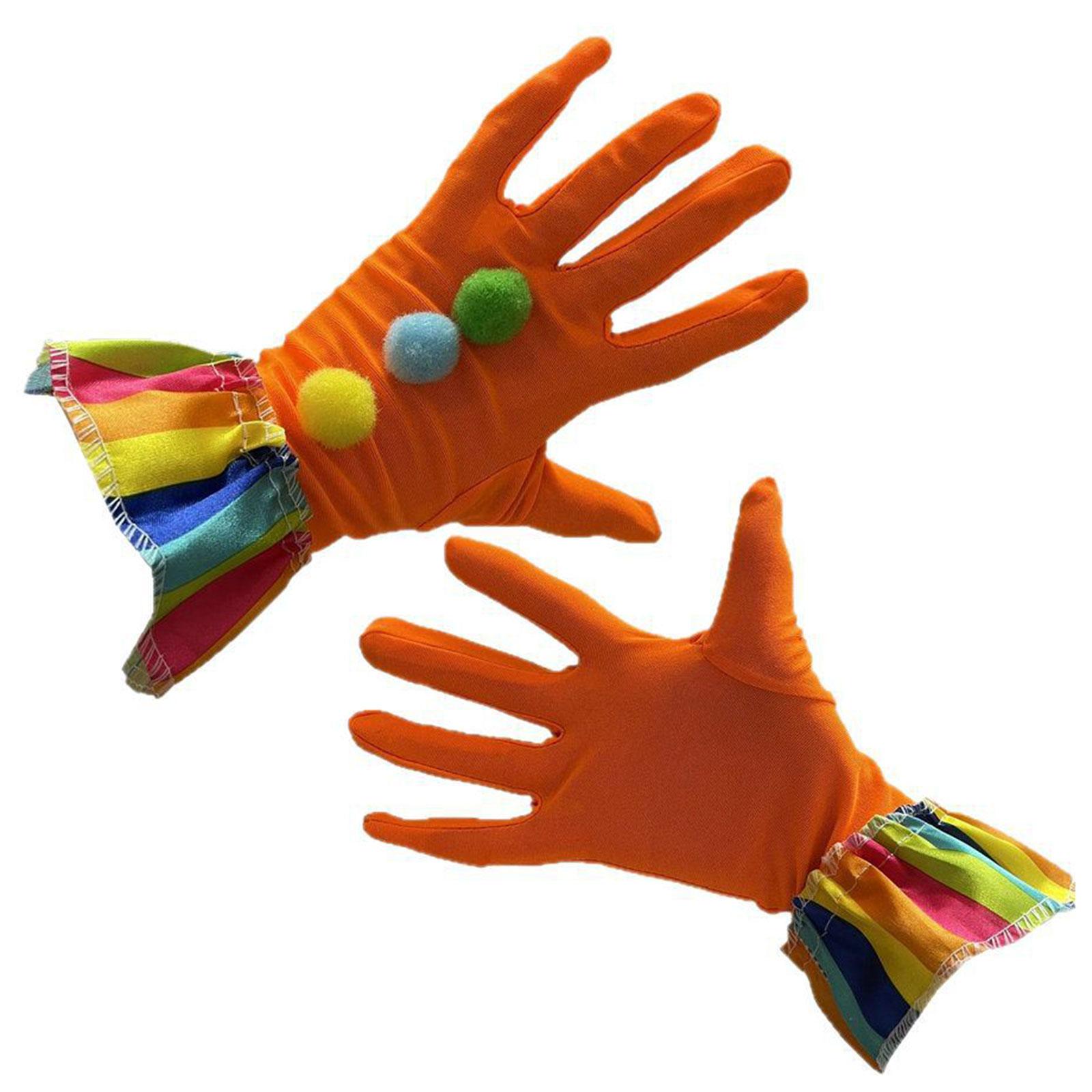 

Забавные перчатки клоуна для косплея на Хэллоуин и карнавальные вечеринки. Мягкие полиэстеровые атласные перчатки с помпонами и эластичным дизайном.