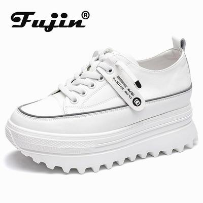 Fujin 5.5cm Genuine Leather Platform Wedge Shoes Chunky Sneaker White Casual Comfortable Breathable Spring Autumn Shoes