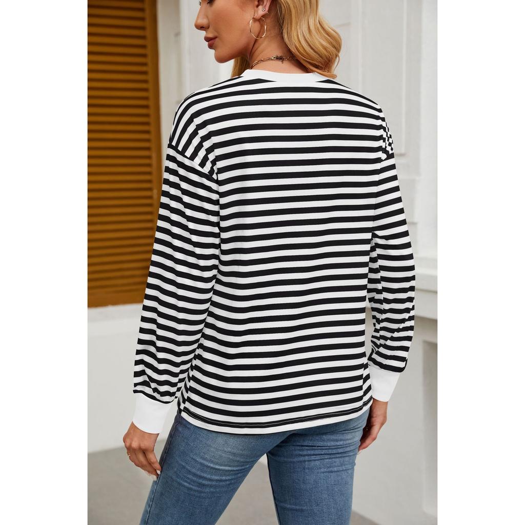 Kadın Altlık Gömlek Sonbahar ve Kış Yeni Moda Kontrast Renkli Bol Yuvarlak Yaka Çizgili Uzun Kollu Üst