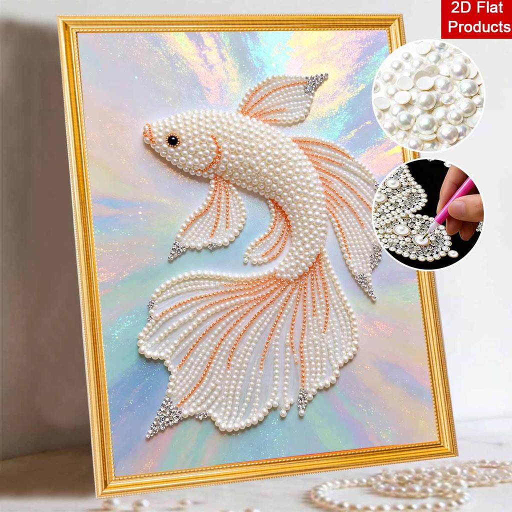 Pearl Painting Art Painting Kit for Adults and Beginners, Elegant White Betta Fish Sparkling Painting Craft Home Wall Decor Handmade Gift