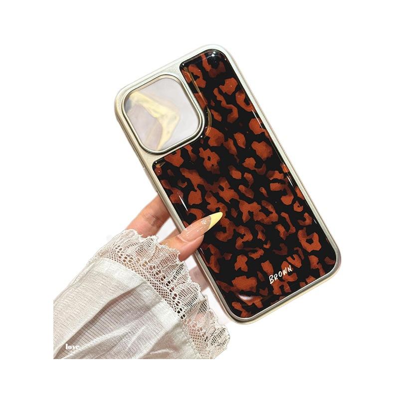 New Ins Sweet and Cool Brown Leopard Print IPhone 16 Protective Case 14 Mobile Phone Case Girl Apple 15 Electroplated Glue