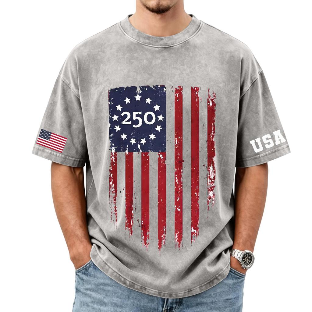 Herren lockeres und lässiges T-Shirt mit Flaggen-Buchstaben-Print - Trendiges gewaschenes kurzärmeliges Oberteil für Herren
