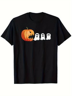 Men's Halloween Pumpkin and Ghost Party Costume Pattern Printed 100% Pure Cotton Short-sleeved T-shirt Top