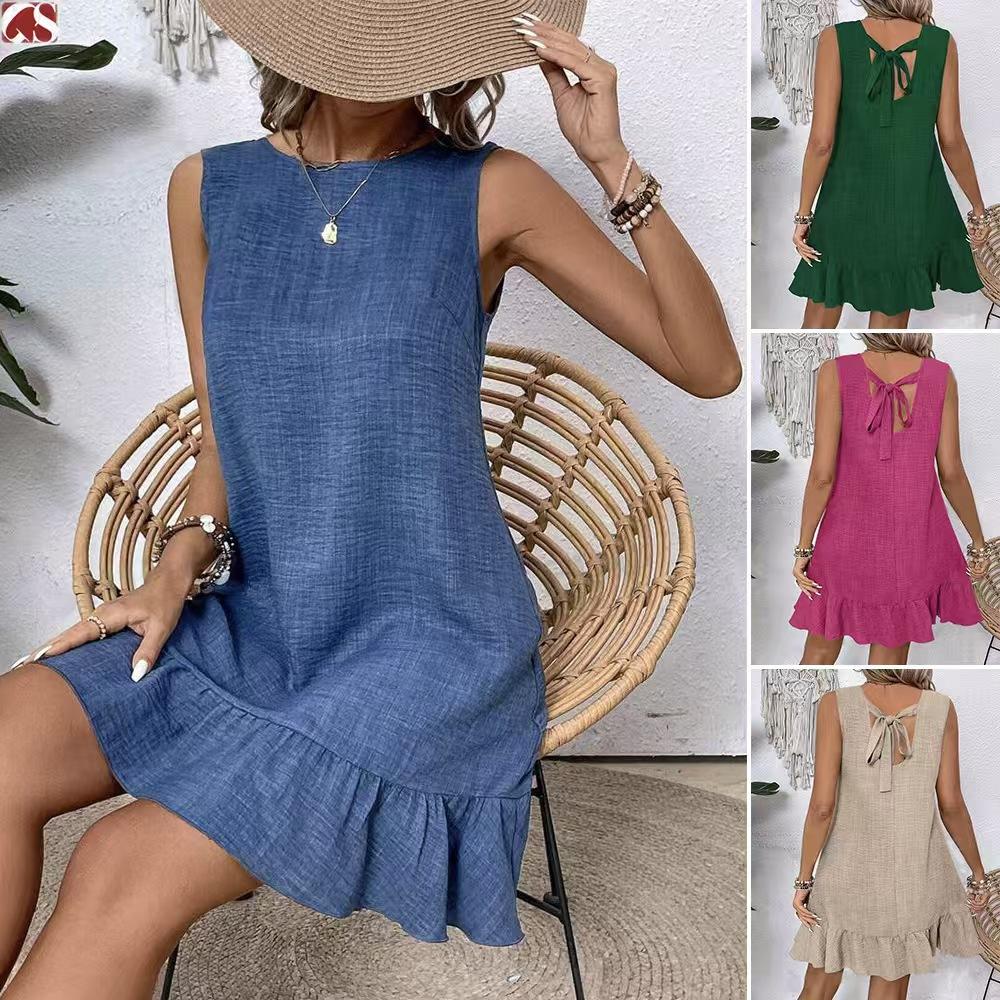 Vestito da Donna a Manica Corta Senza Maniche tinta unita con Scollo Rotondo, Allacciatura, Pieghe, Vestibilità Larga, Casual, Stile Quotidiano per il Lavoro, Vestito Estivo