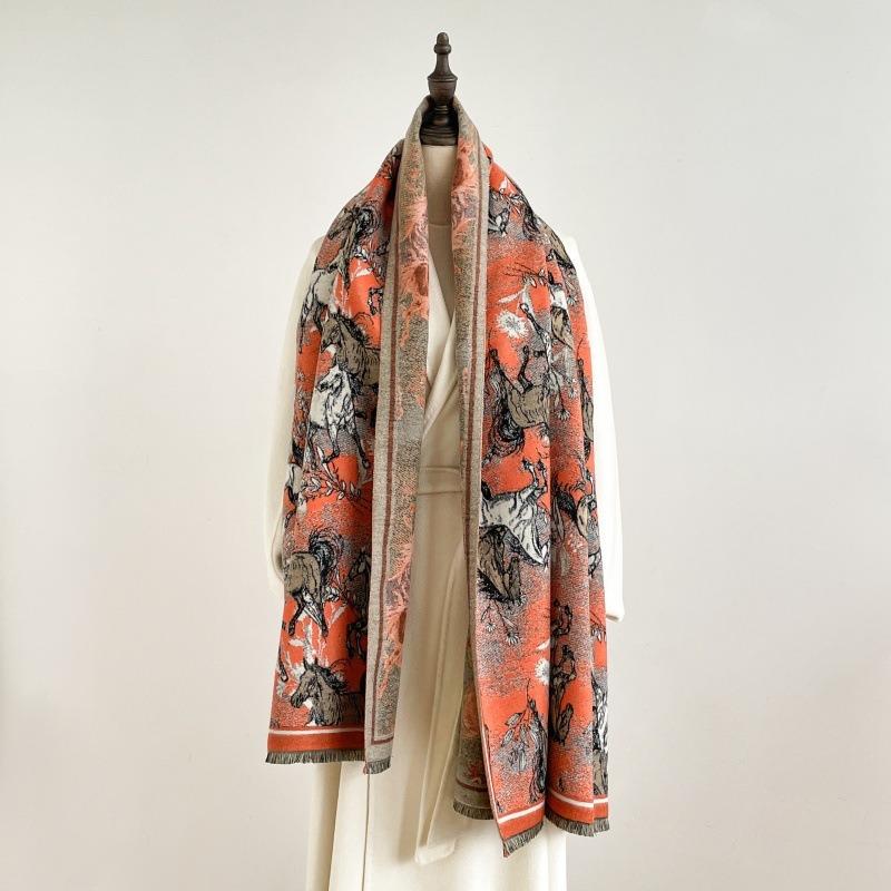 Vintage Ethnic Style Horse Pattern Printed Thick Warm Dual Use Fashion Neck Scarf