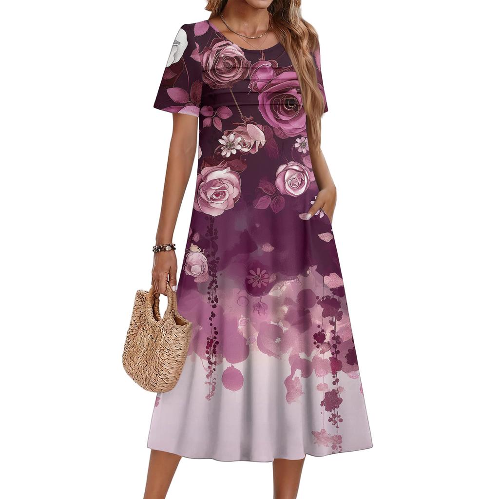 Ladies' Floral Printed Casual And Fashionable Short Sleeved Round Neck Dress