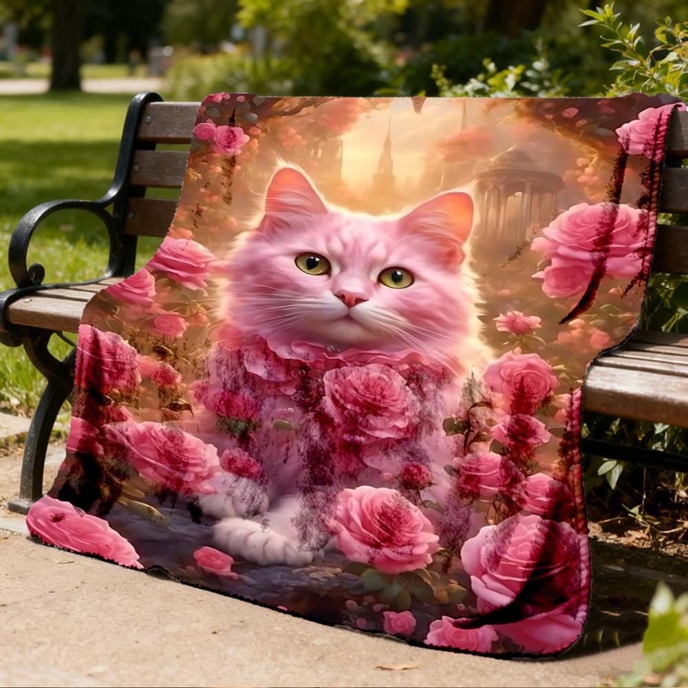 1pc Pink Rose Cat Print Outdoor Flannel Blanket , Machine Washable Perfect Gift for Birthday , Holiday Travel Accessory , Durable Material