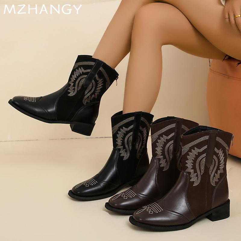 Chunky Women Ankle Boots Winter Fashion Mid Heels Walking Leather Shoes Woman 2024 Trend Pumps Dress Eleglant Mujer Zapatillas