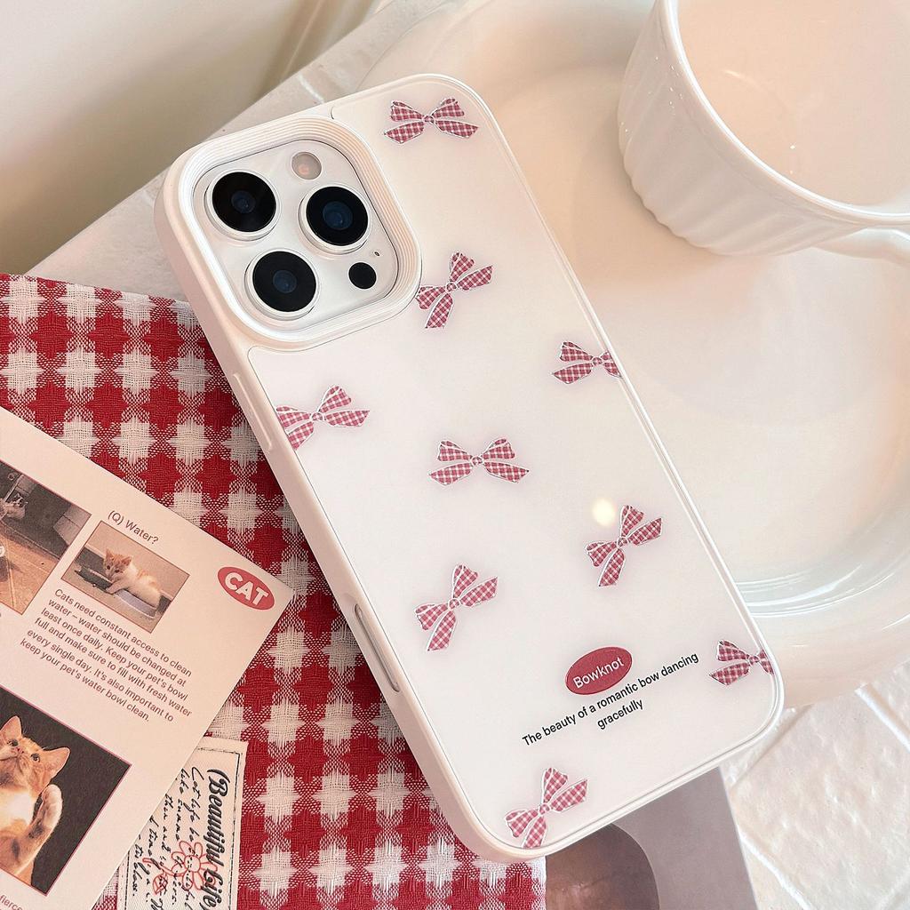 Gilt Red Plaid Bow for Iphone17 Mobile Phone Case for Apple 14 for 16promax Glass Hard 13 Sweet