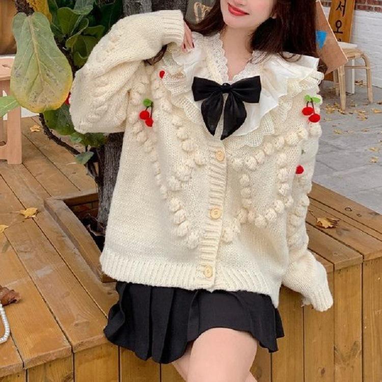 

Стильная девичья куртка-свитер с вишнями, женская одежда, осень и зима, милый ленивый ветер, свободный кардиган с длинными рукавами, вязаный Average size 56-294 бежевый