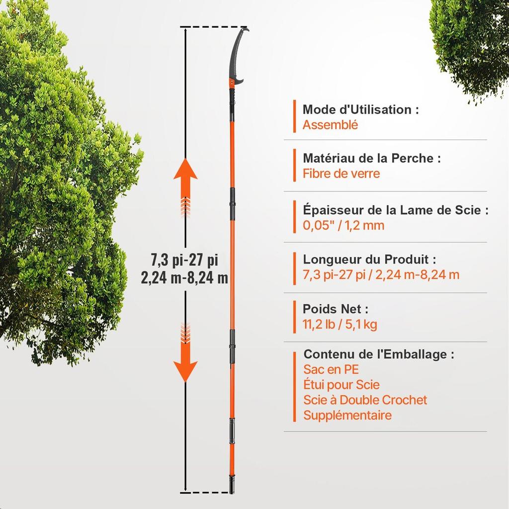 Manual Pole Saw, 7.3-27 Ft Extendable Tree Pruner, Sharp Steel Blade High Branches Trimming, Manual Branch Trimmer with Lightweight 8 Fiberglass
