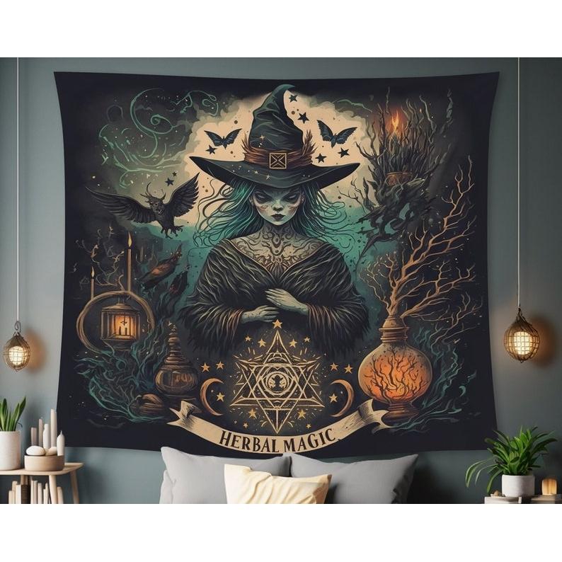 Herbal Magic Witch tapestry 75x100