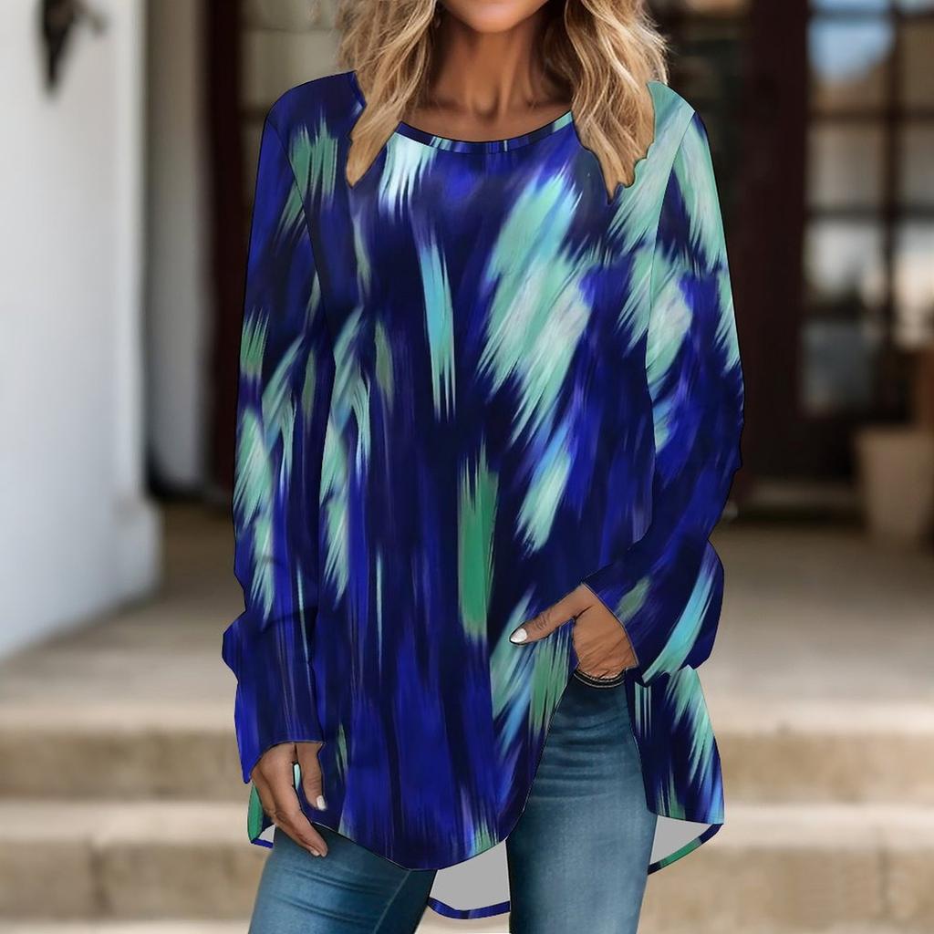 Women Long Sleeve Tunic Top Print Crew Neck Loose Fit Blouse With Pockets Casual Daily Wear Ladies Tops