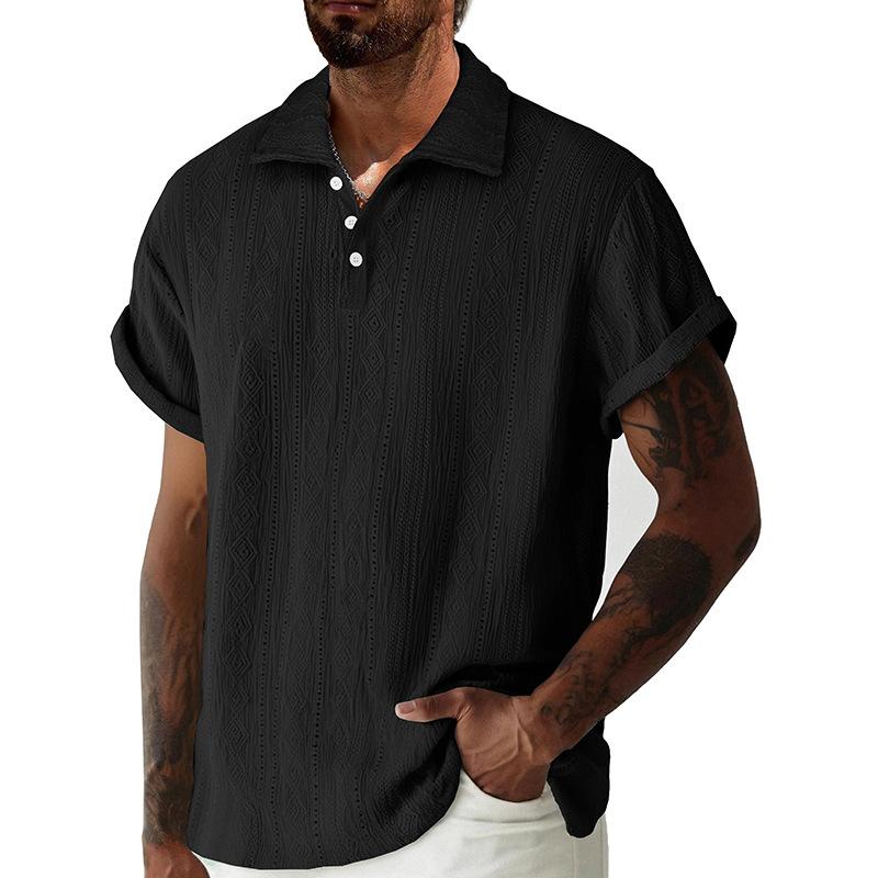 Summer Men Hollow Out Textured Polo Shirt Casual Roll Up Sleeve Top