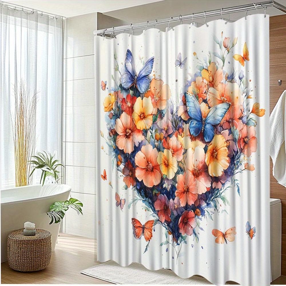 1Pc Valentine'S Day Floral Heart Shower Curtain With Colorful Butterflies - Polyester Fabric Bathroom Decor, 70. 8X70. 8 Inches,