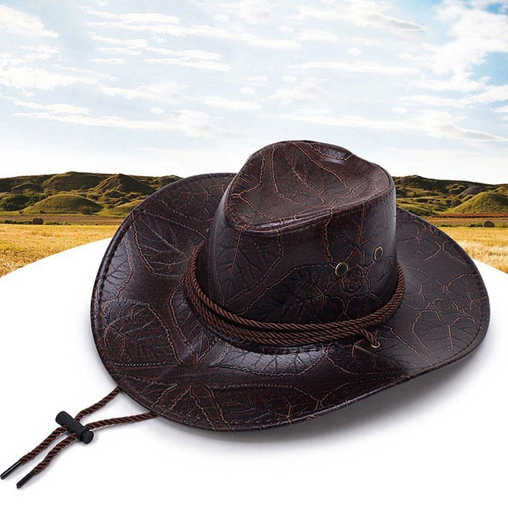 Caps Men Bucket Hat Knight Hat Summer Sun Hats PU Leather Sunscreen Caps Western Cowboy Hats