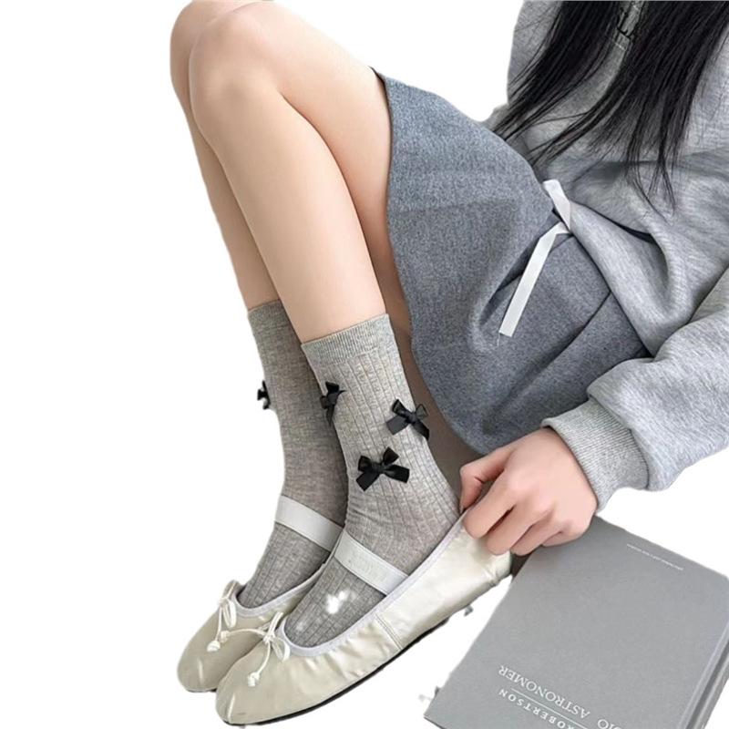 Ballet Fairy Style: Women's Spring/Summer Cotton Mid-Calf Socks - Thin, Sweat-Absorbent, Classic Bow Design In Black, White, and Grey.