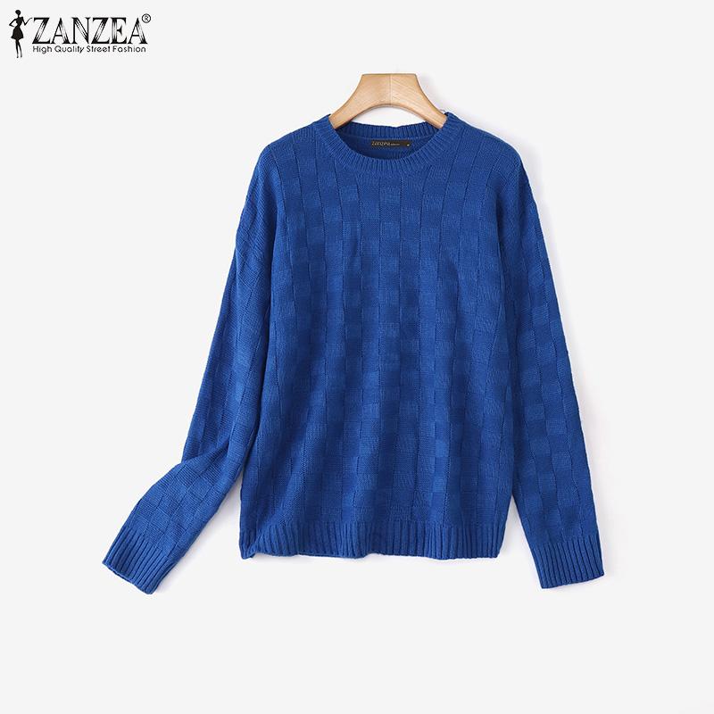 ZANZEA Womens Crew Neck Plaid Texture Casual Knitted Pullovers Sweaters Jumpers