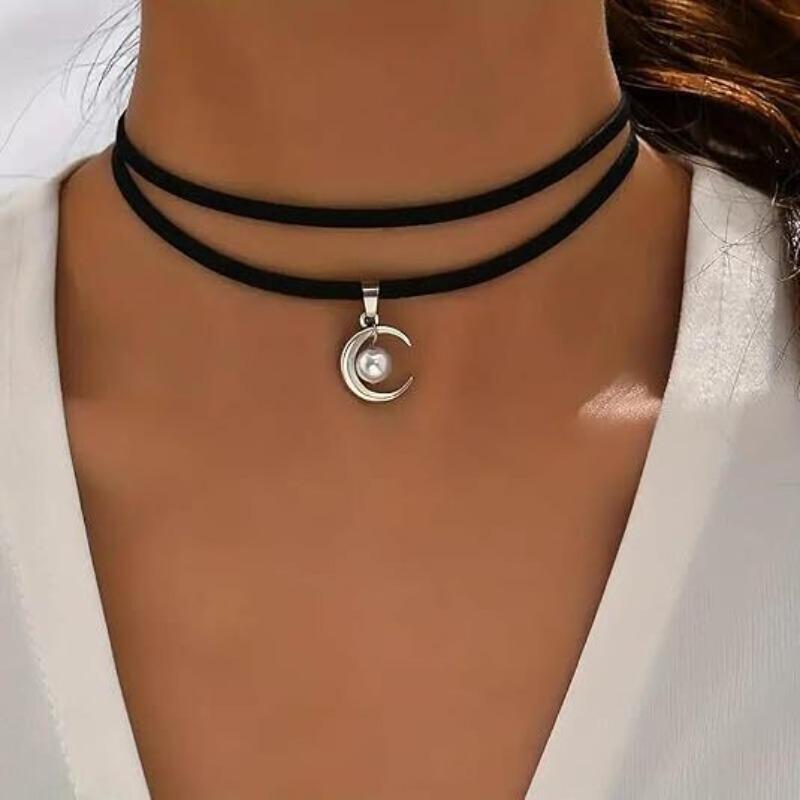 

Women Double Layer Black Velvet Moon Pearl Choker Necklace 1pcs