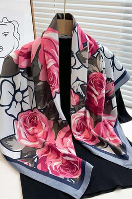 Women' Scarf 90X90 "Rose Garden" - Elegant Scarf with Roses, Imitation Silk
