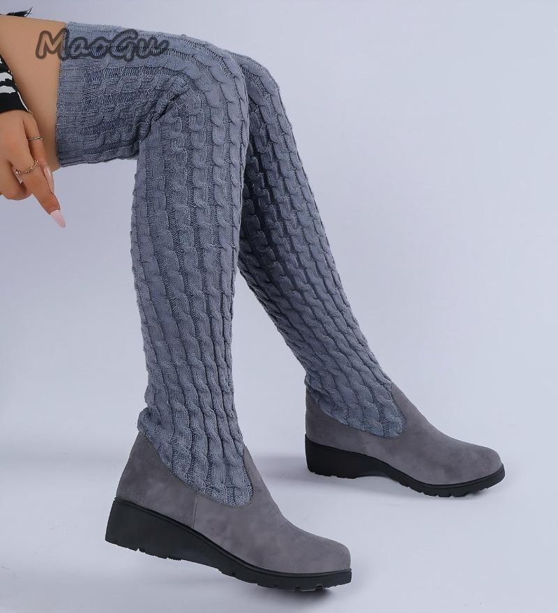 Größe 35-41 Damen Keilabsatz Oberschenkelhohe Stiefel Strick Stretch Sockenstiefel Rutschfest Herbst Winter Mode Über das Knie Lange Stiefel 2026