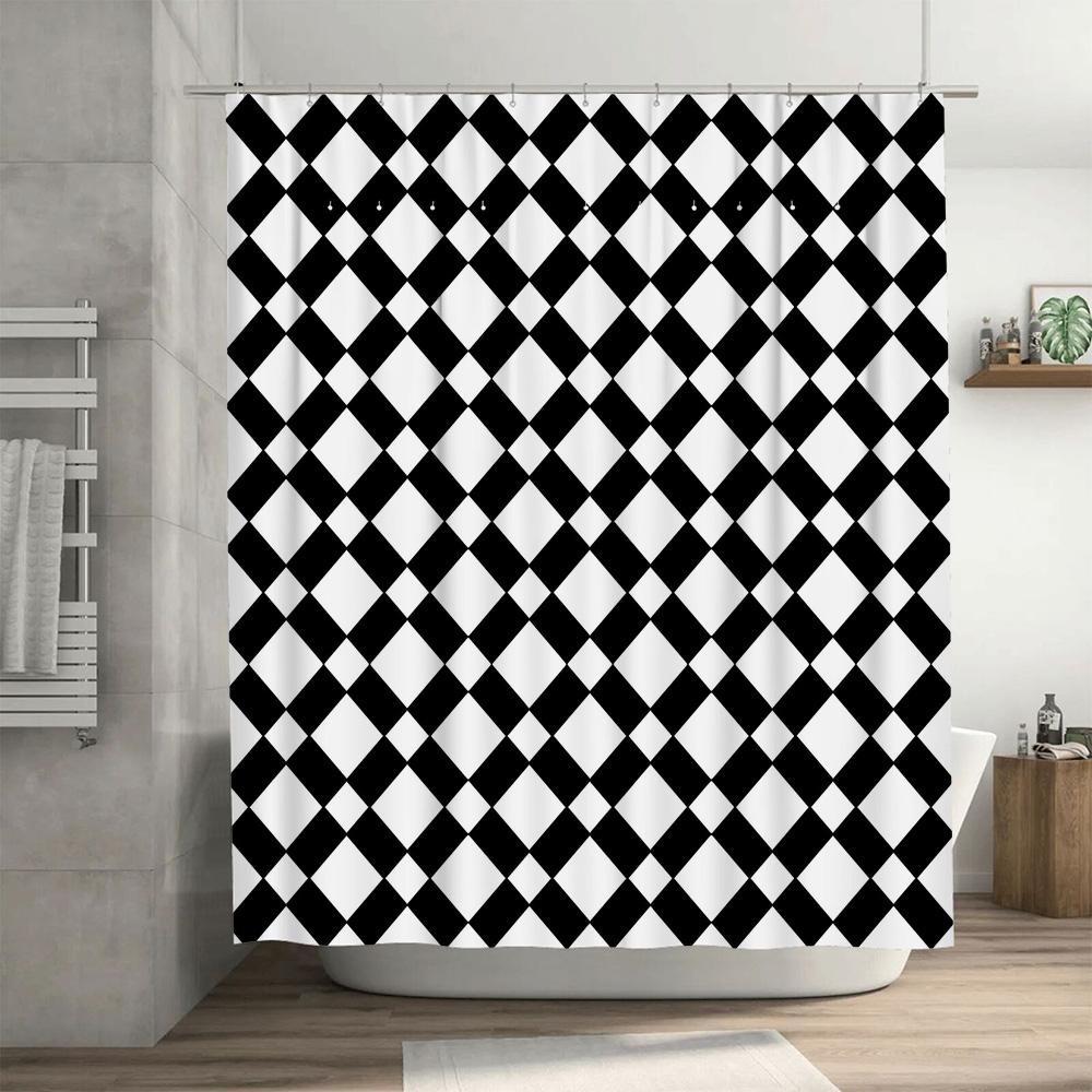 Modern Bathroom Decor: Bold Black White Checkered Shower Curtain Set for Bathrooms Waterproof Fabric with Hook Rings (205x183cm)