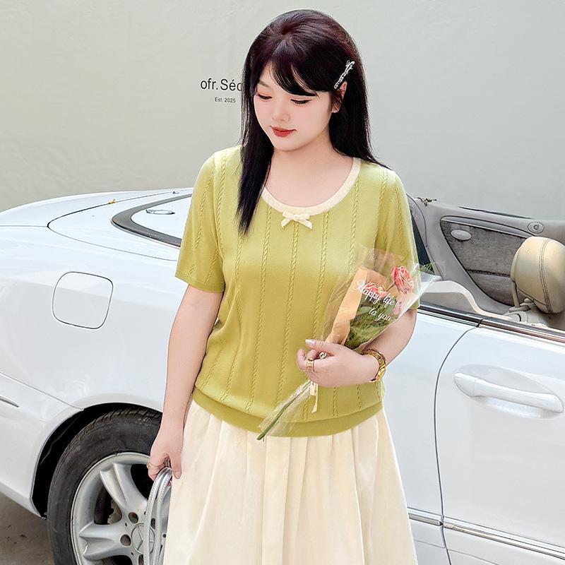 Plus Size Women's Summer Round Neck Design Feel Color Knit Loose Short Sleeve Top