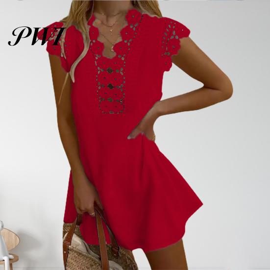 Lace Dress Women Hollow Out Summer Flower Pattern A-Line for Daily Wear Mini